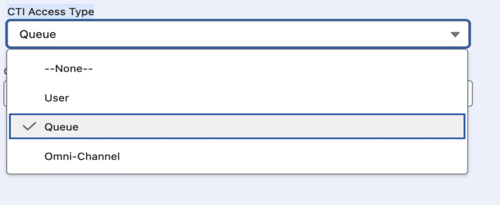 The CTI Access Type selection with User Type and Queue Type options.