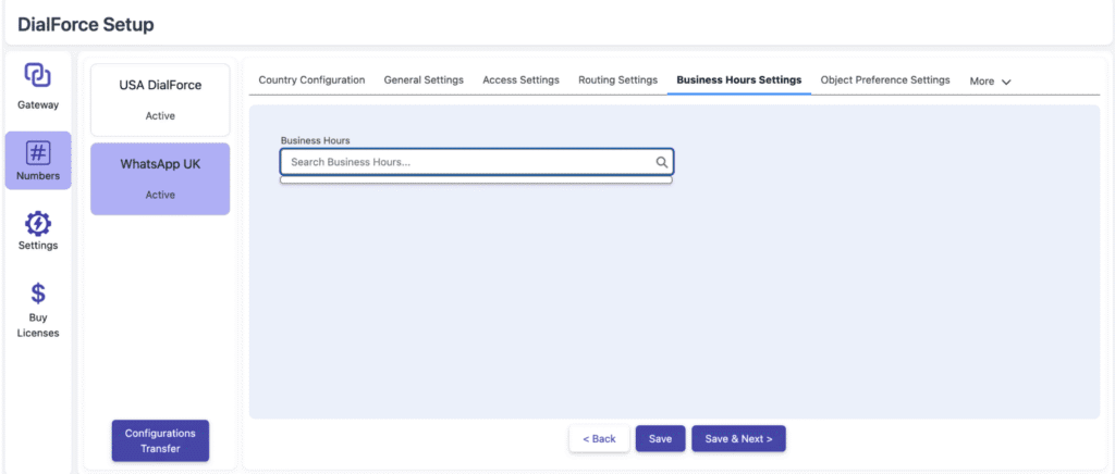 The Business Hours Settings tab for selecting a business hour schedule.