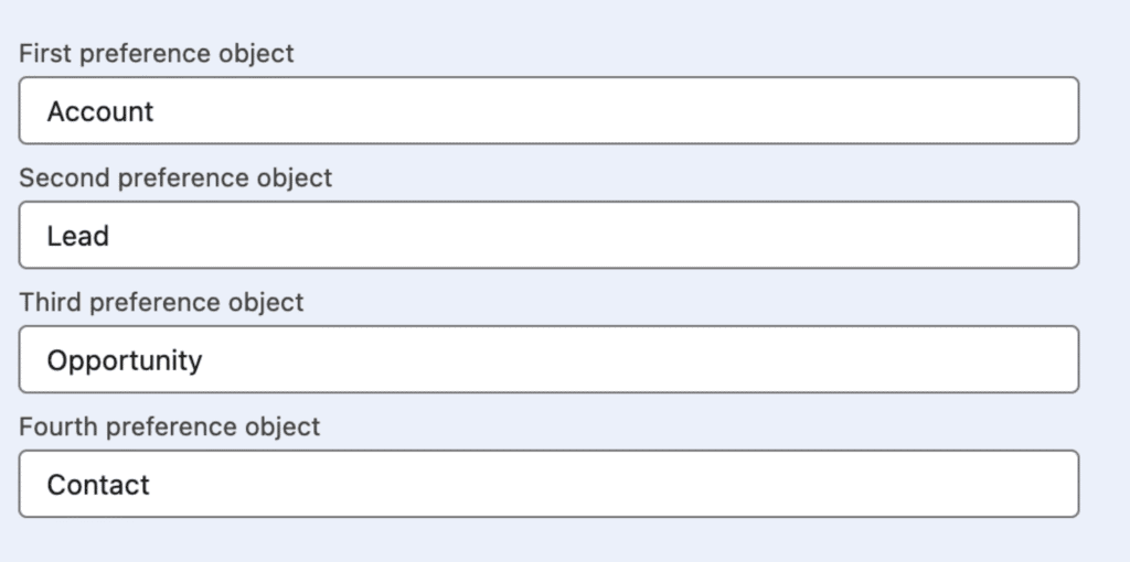 The object selection with objects such as Lead, Contact, and Case added in priority order.