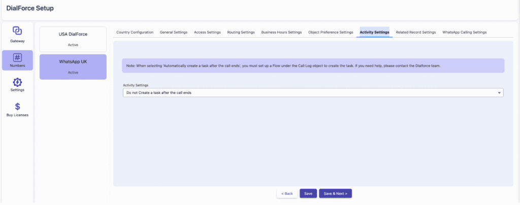 The Activity Settings tab for controlling task creation after a call ends.