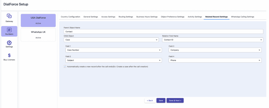 The Related Record Settings tab for records related to the customer's record.