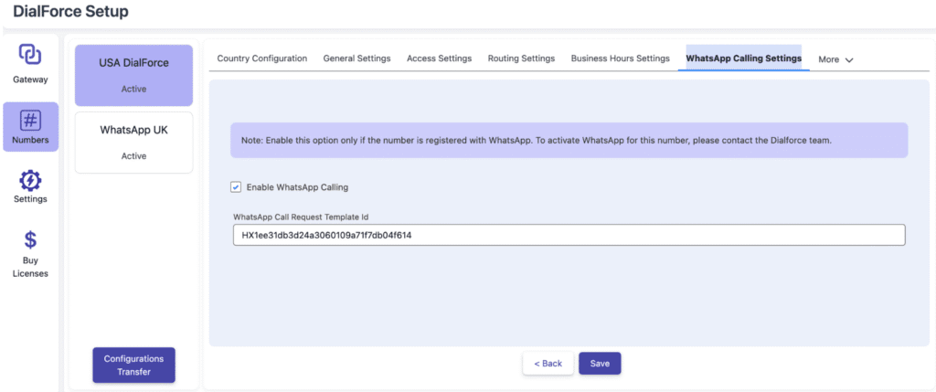 The WhatsApp Calling Settings tab for enabling WhatsApp calling and entering the template ID.