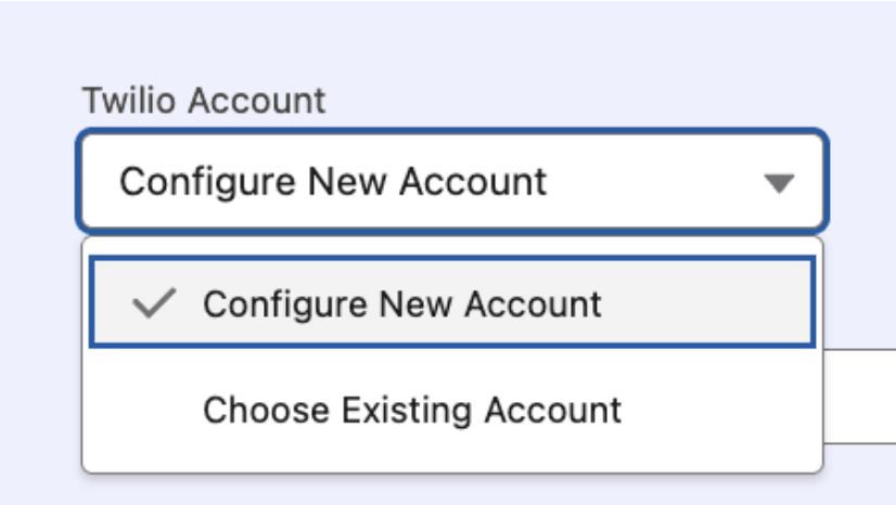 The Twilio Account section showing the New Account and Existing Account options.