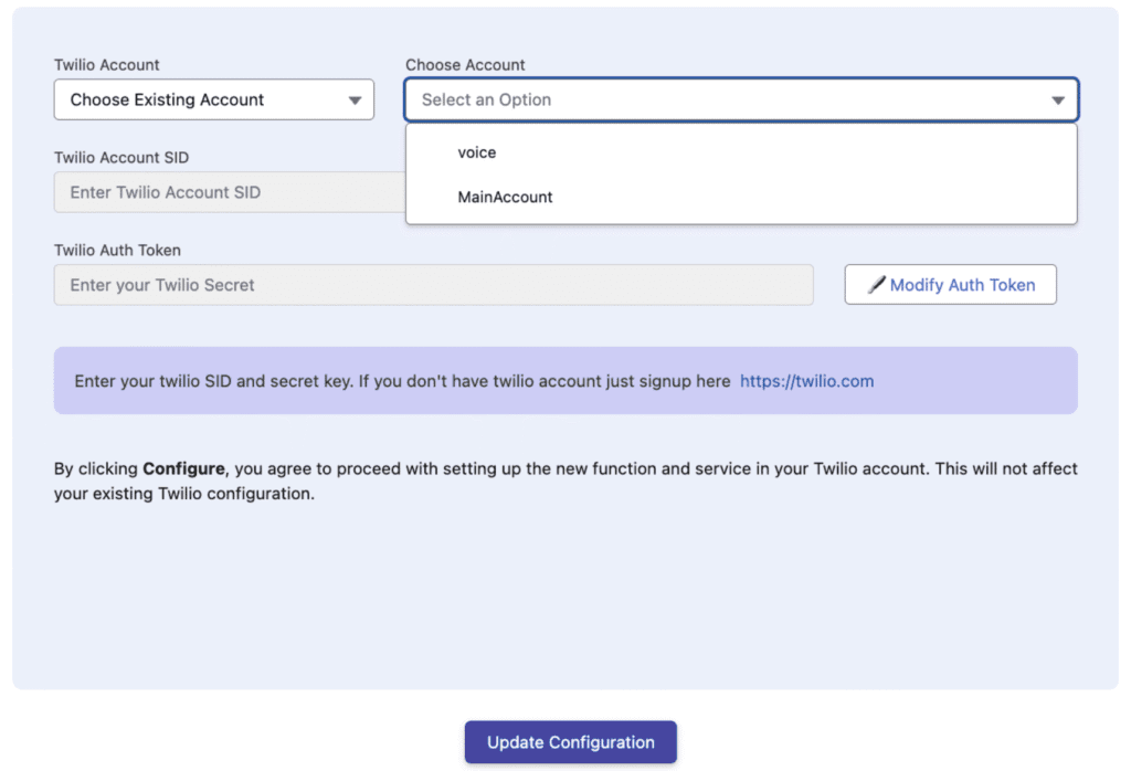 The Existing Account view with the Choose Account dropdown and the displayed Twilio Account SID and Auth Token.