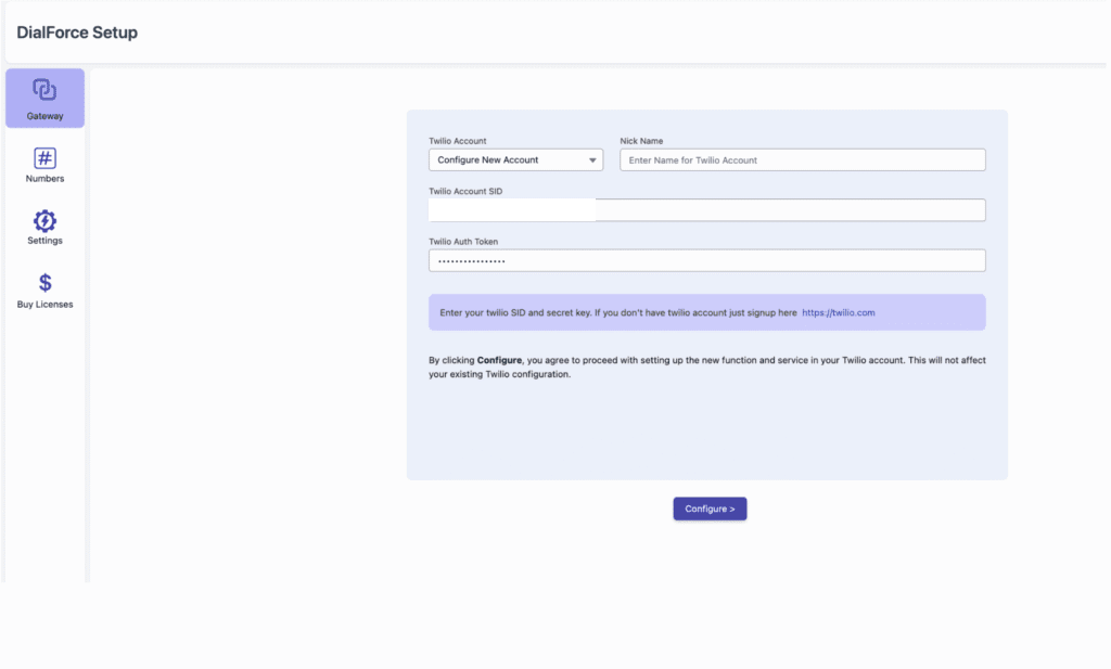 The Twilio Account Configuration page opened from the Gateway icon in the left sidebar.