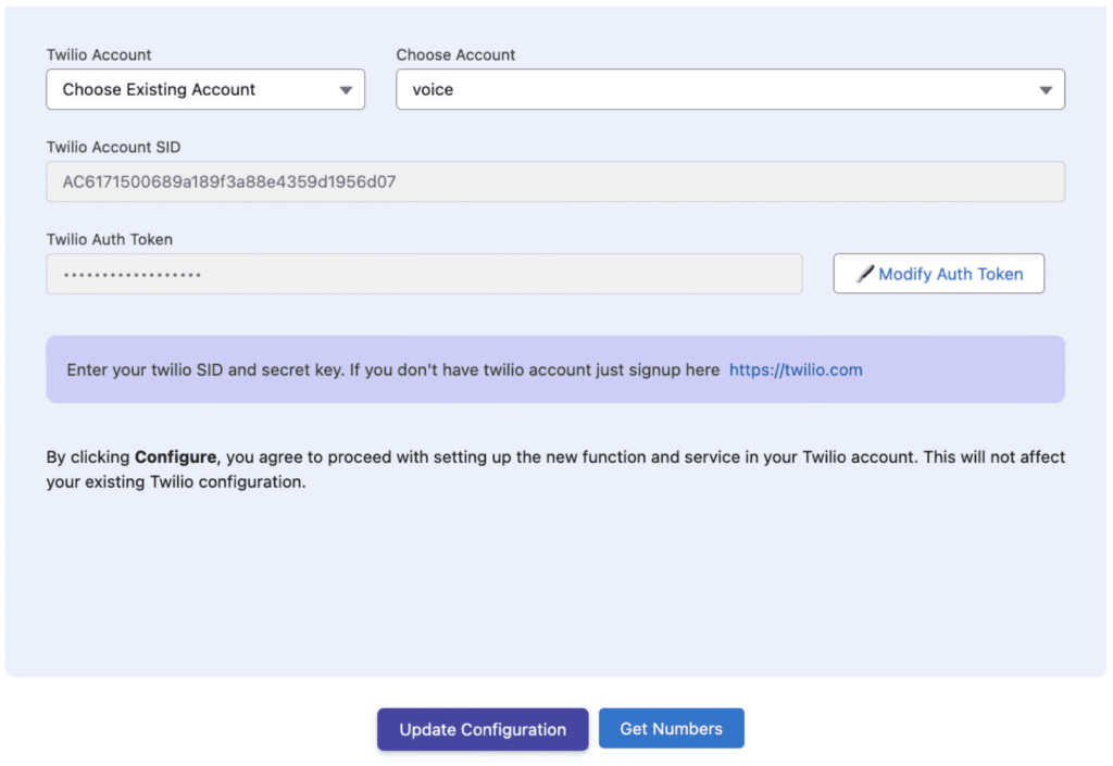 The Modify Auth Token control with a field to enter the new Auth Token and the Update Configuration button.
