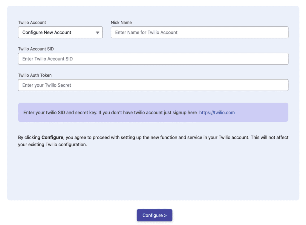 The New Account form with fields for Nick Name, Twilio SID, and Twilio Auth Token.