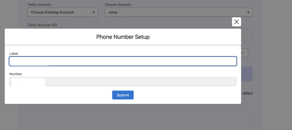 The number label popup where you enter or edit a label for the selected Twilio number and click Save.