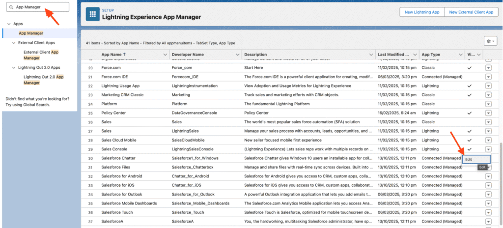Salesforce Setup with App Manager highlighted in Quick Find and the Lightning Experience App Manager list.