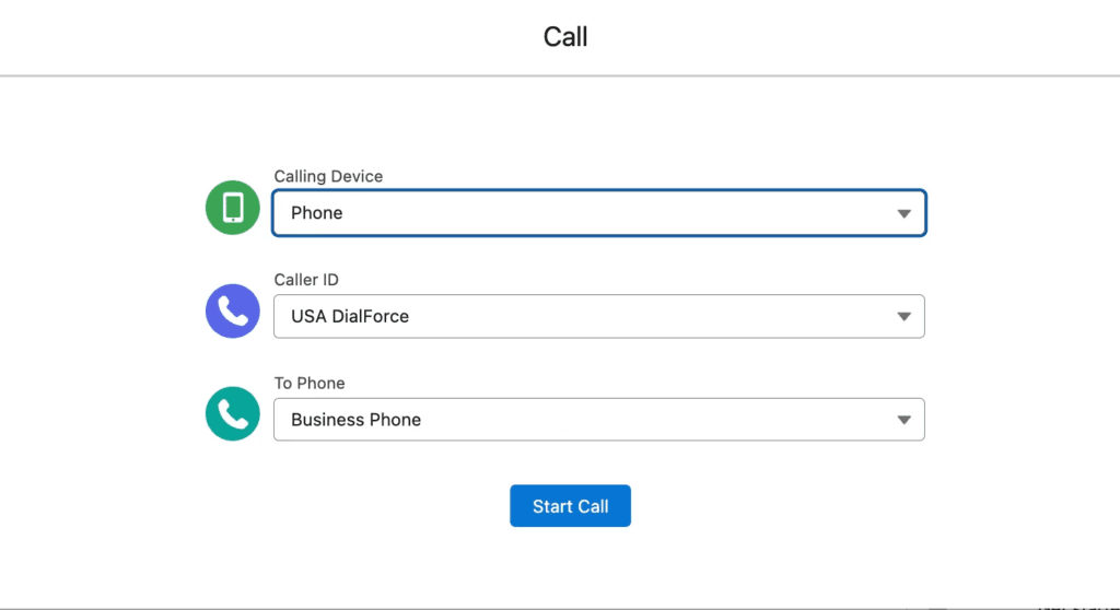 Diagram of the mobile call feature showing Salesforce bridging the user phone, the caller ID number, and the customer number into one call.