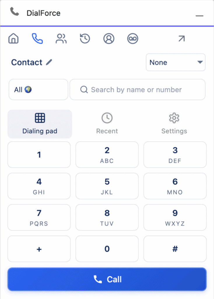 The WorkDial smart dialer Home section showing call performance counts for Total Calls, Answered, Missed, Transferred, and Conference Calls, with a status filter and time filter.
