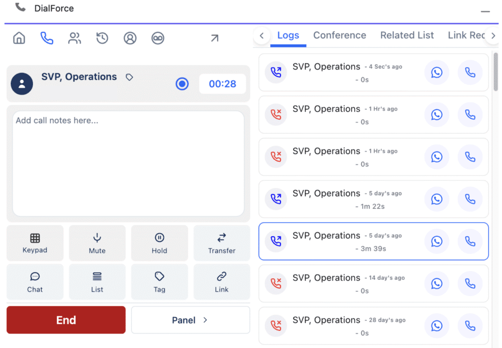 An active call in the Smart Panel with live call management controls for recording, notes, call duration, mute, hold, transfer, SMS, and tagging.