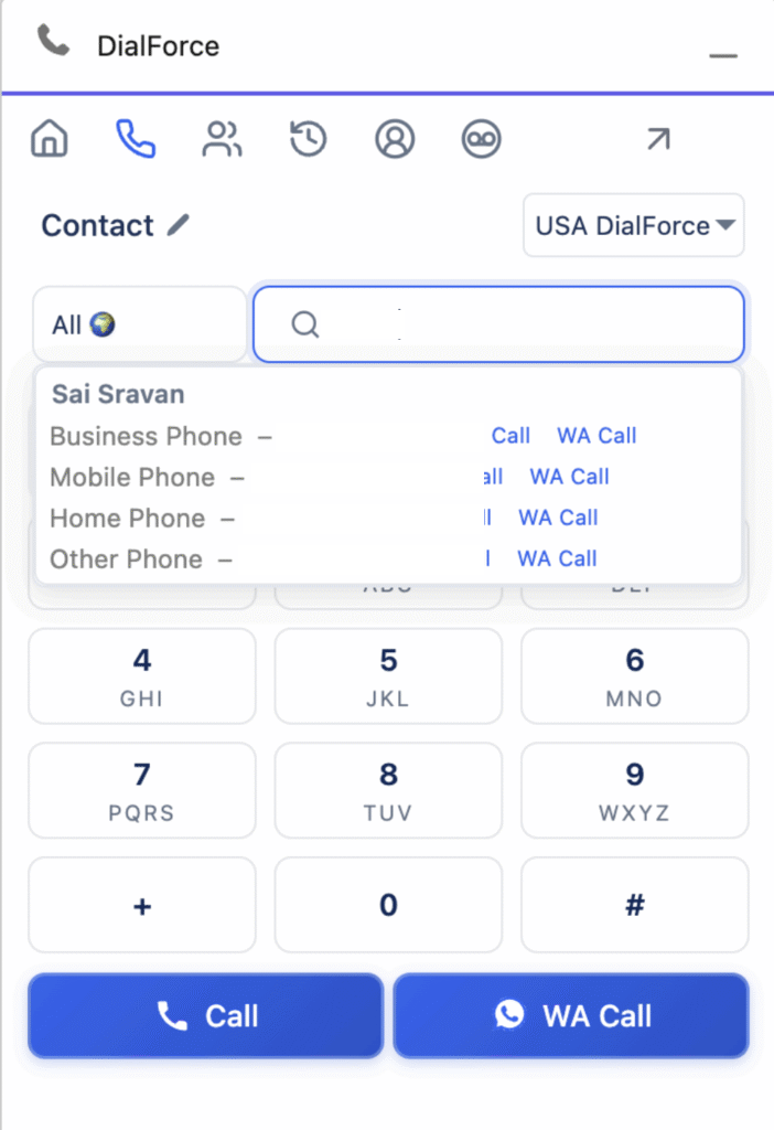 The Smart Panel home view showing search and call, the dial pad, recent calls, international call country selection, and the CTI numbers dropdown.