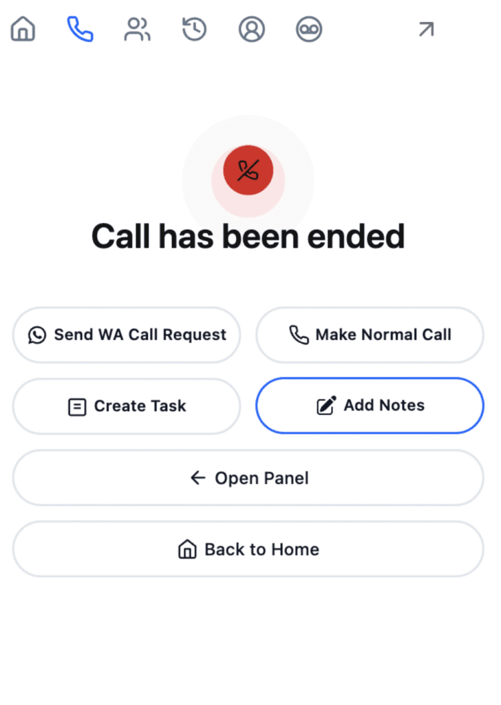 The Smart Panel sections view showing call logs with history, the related list of linked Salesforce records, and the post-call actions available after a call ends.
