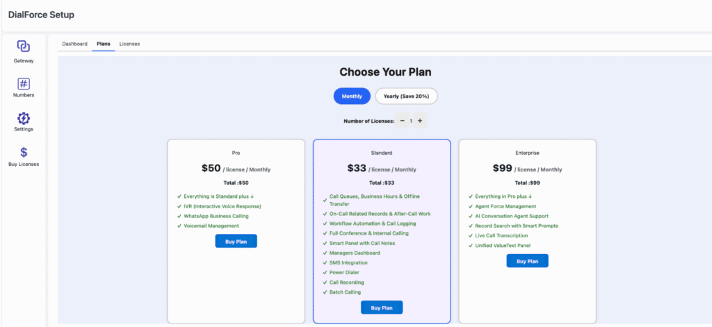 The Plans tab showing all available subscription plans.