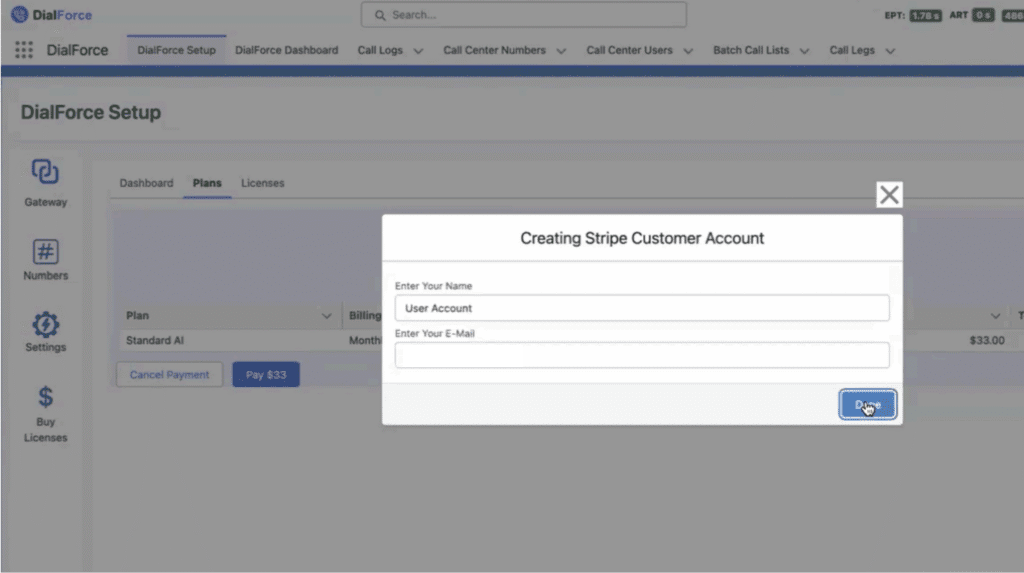 The pop-up form requesting your Name and Email Address to create a Stripe account.