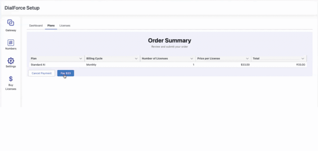 The Order Summary showing plan details, total amount, and billing cycle.