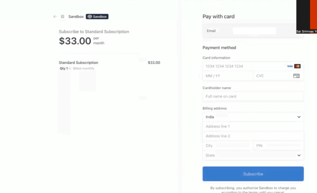 The Stripe payment window where you enter your payment information and click Subscribe.