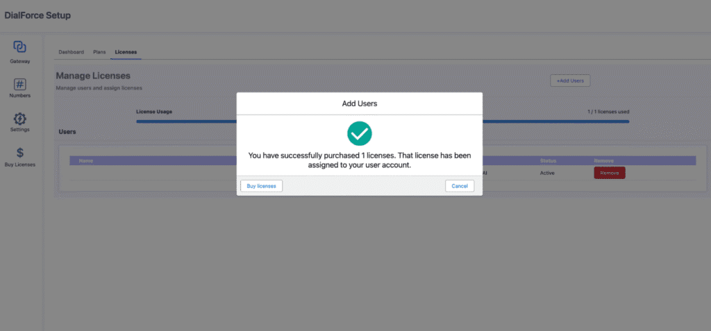 A first subscription with one license automatically assigned to the logged-in user.