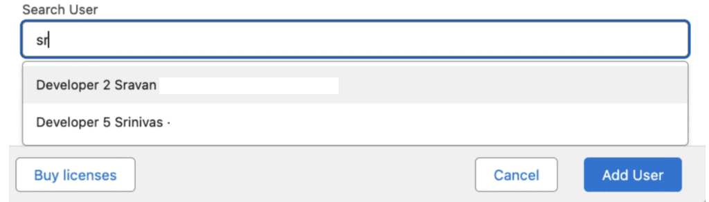 The Search User field where you type the name of the user to assign a license.