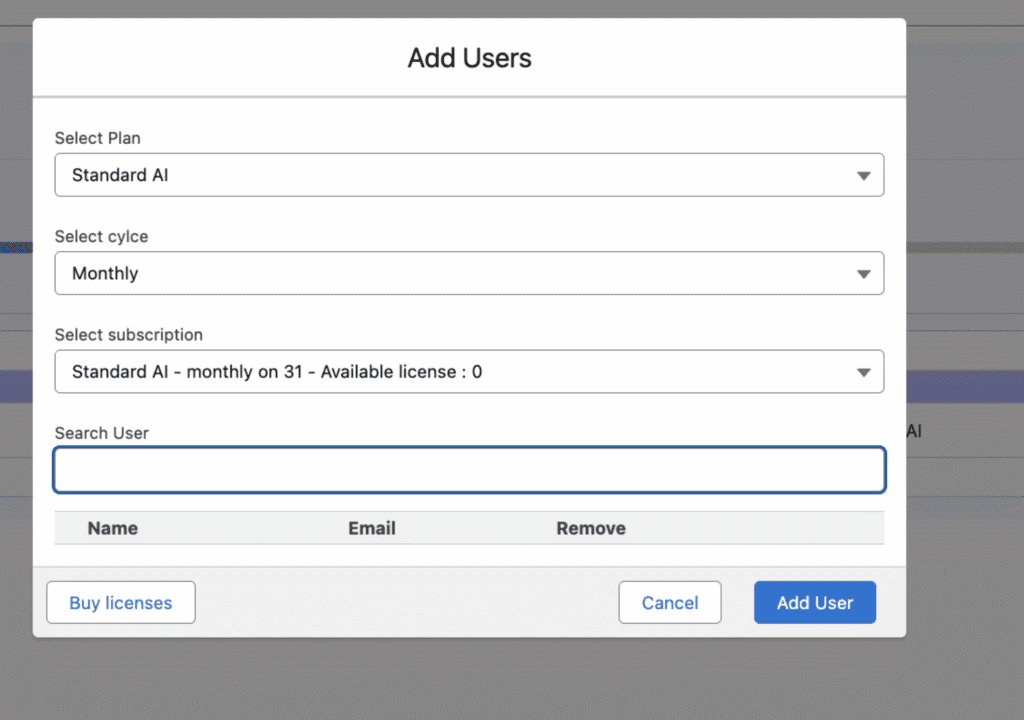 The Add Users view with fields to select the plan, cycle, and subscription.