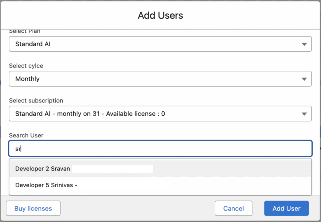 The Search User field where you type the name of the user to assign a license.