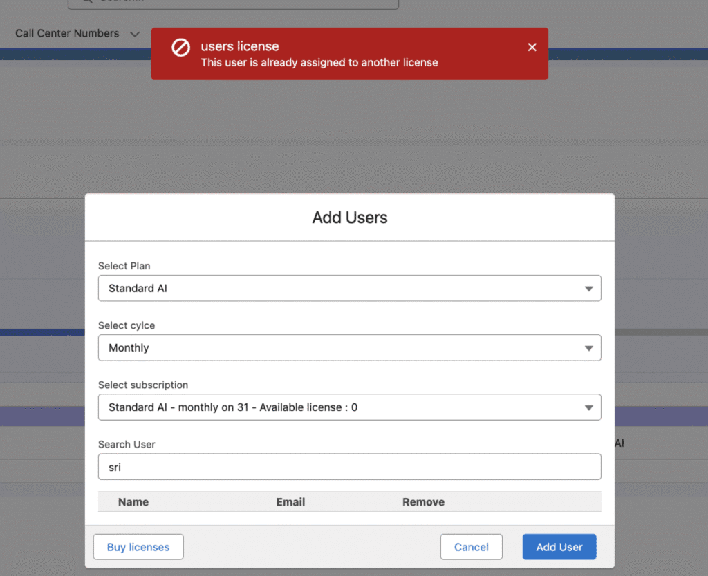 An error message shown when the selected user already has a license assigned.