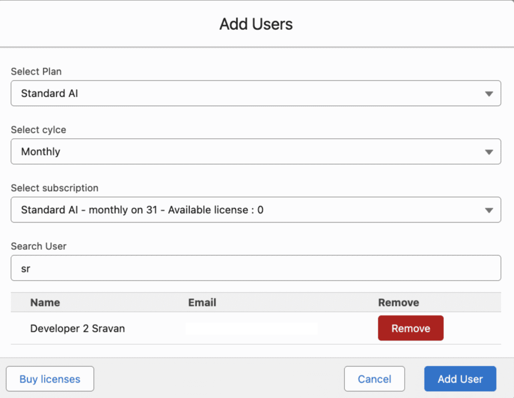 A confirmation shown when the selected user has no existing license.