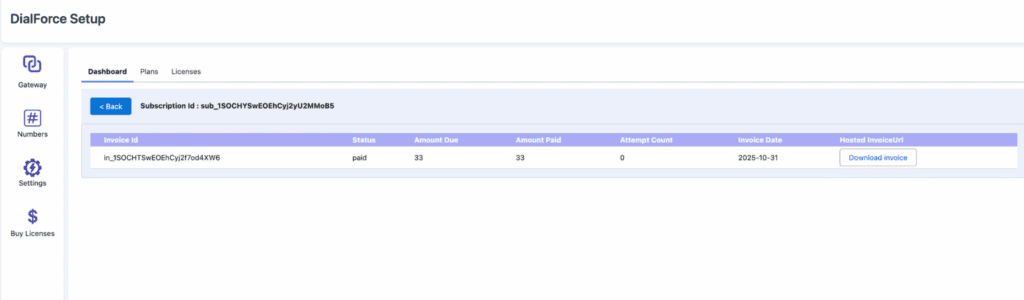The invoice shown after clicking Invoice Details for a subscription.
