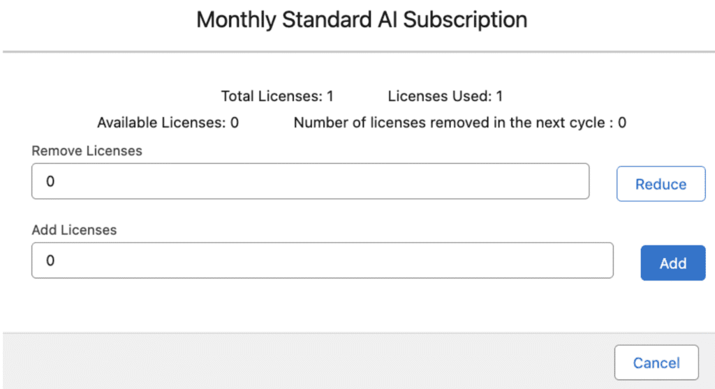The Alter Subscription window with options to increase or decrease the number of licenses.