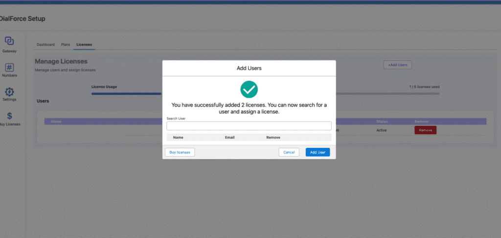The confirmation screen showing the updated license count after payment.