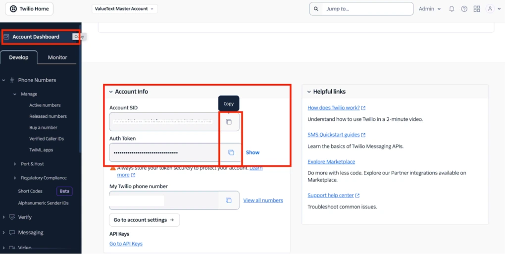 The Account Info section on the Twilio Console homepage, showing the Account SID and Auth Token fields.