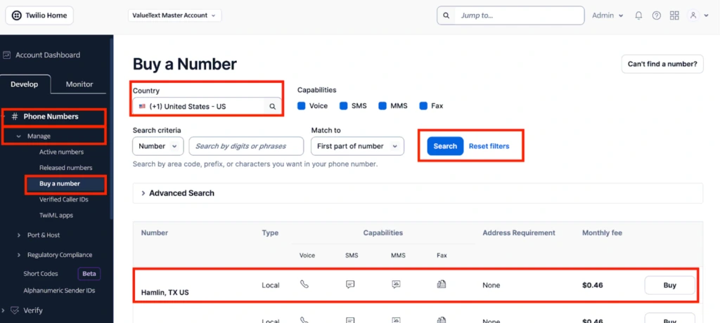 The Twilio Buy a Number search results, listing available numbers with their Voice, SMS, MMS, and Fax capabilities.