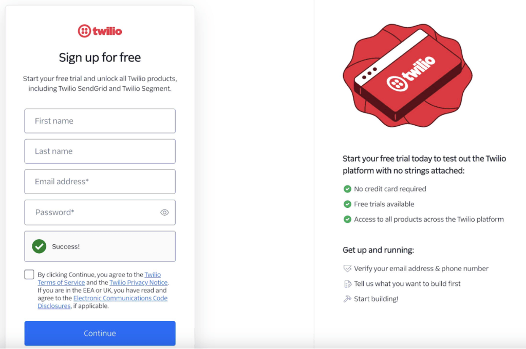 The Twilio Console login page in a web browser, where you enter your credentials to sign in.