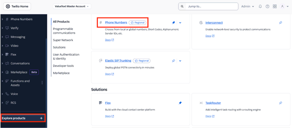The Twilio Console left-hand navigation with the Phone Numbers section open under the Account dashboard.