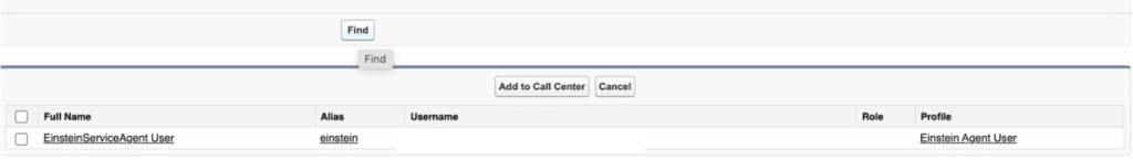 Call center user search results with a user row selected and the Add to Call Center button ready to confirm the assignment.