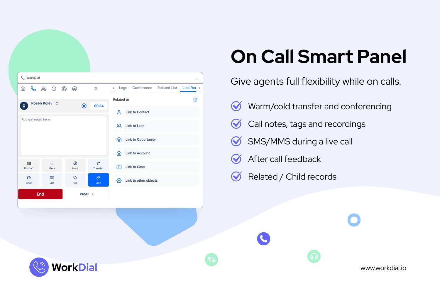 WorkDial On Call Smart Panel: warm and cold transfer, conferencing, call notes, tags and recordings, SMS during a live call, after-call feedback, related and child records.