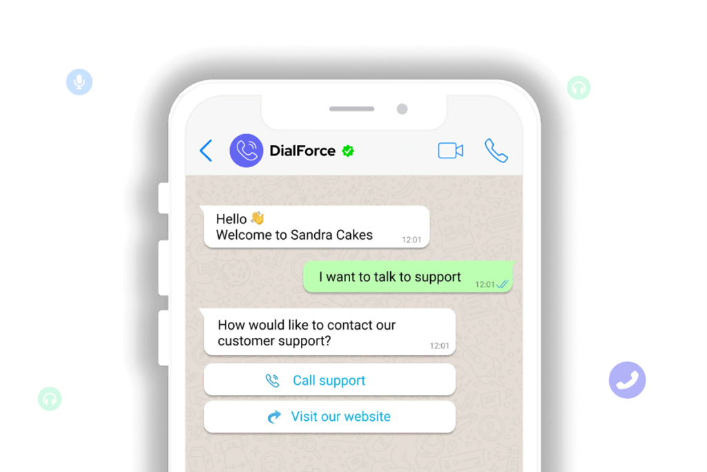 Mobile screen showing DialForce WhatsApp Business chat with tap-to-call and visit website buttons for customer support engagement.